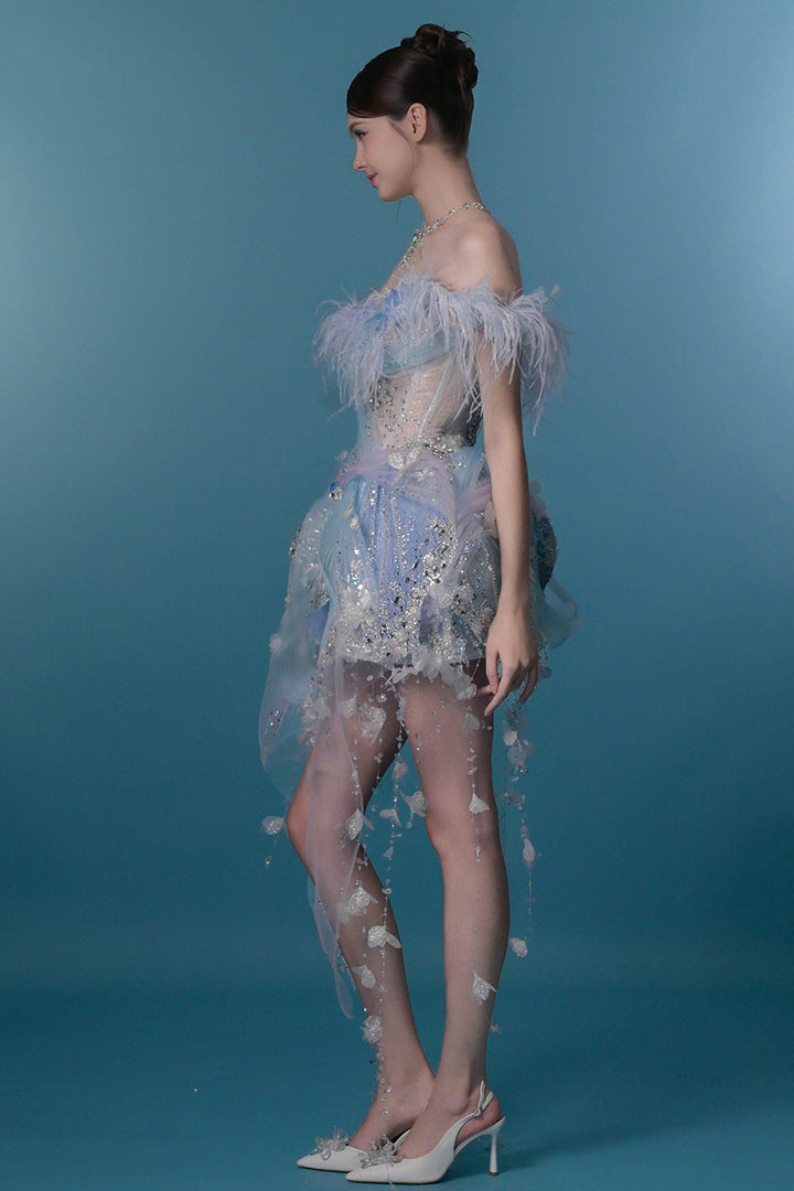 Off-The-Shoulder Tulle Dress with 3D Floral Appliqués