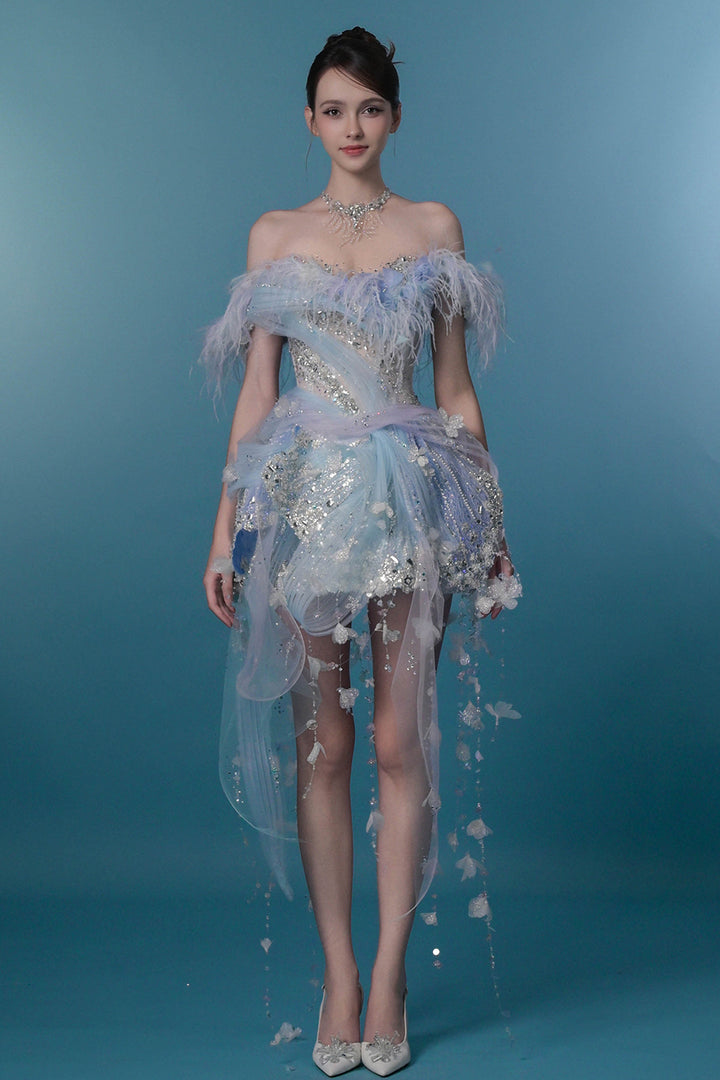 Off-The-Shoulder Tulle Dress with 3D Floral Appliqués