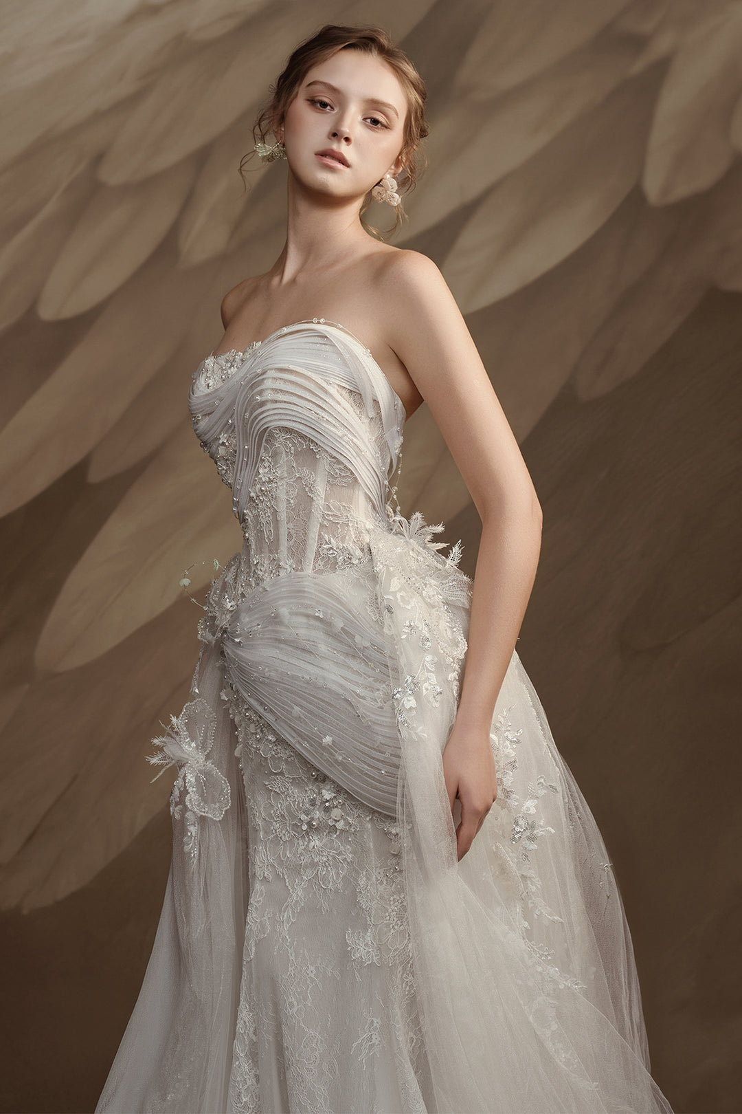 Strapless Satin Sheer Dress with Lace Appliqué