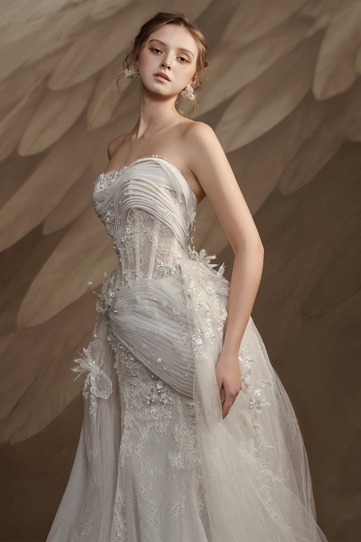 Strapless Satin Sheer Dress with Lace Appliqué