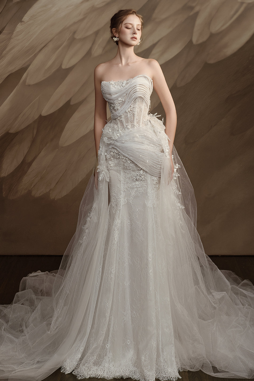 lace applique sheer dress Tulle Sheer Neck Wedding Dress With Lace Appliques MW917