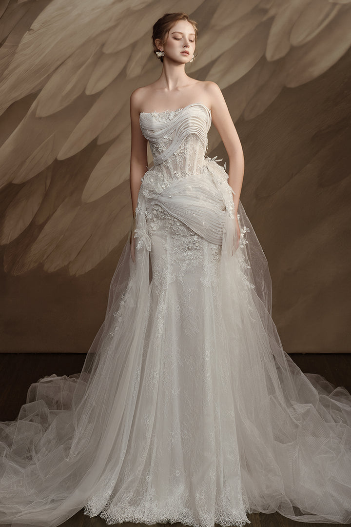 Strapless Satin Sheer Dress with Lace Appliqué