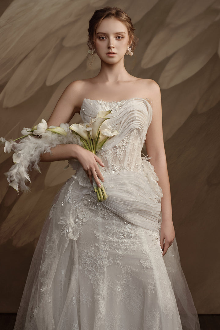 Strapless Satin Sheer Dress with Lace Appliqué
