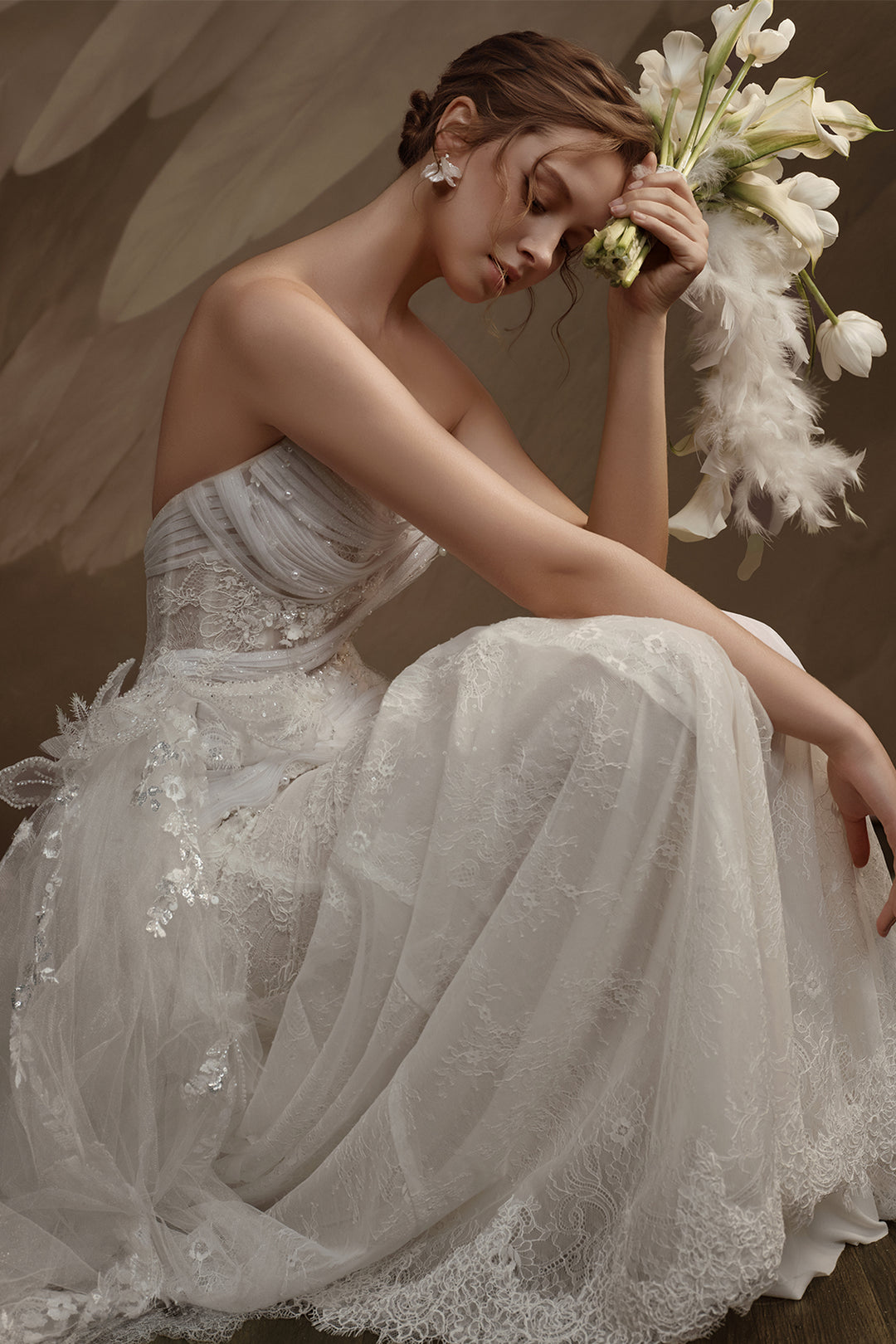 Strapless Satin Sheer Dress with Lace Appliqué