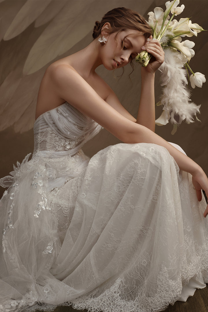 Strapless Satin Sheer Dress with Lace Appliqué