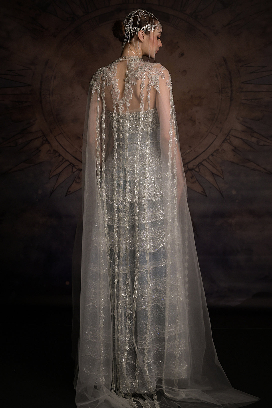 Embellished Scalloped-Tier Dress with Cape