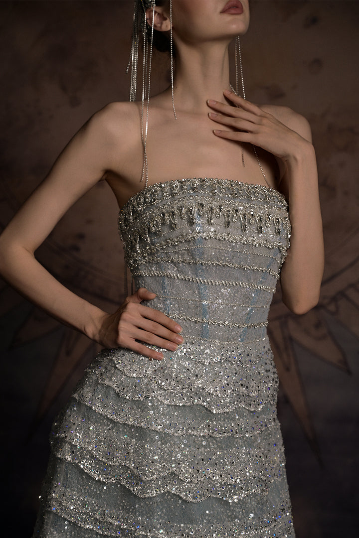 Embellished Scalloped-Tier Dress with Cape
