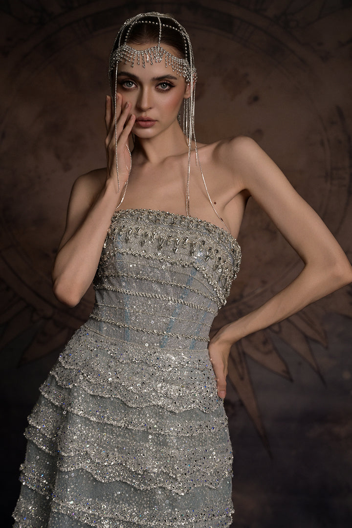Embellished Scalloped-Tier Dress with Cape
