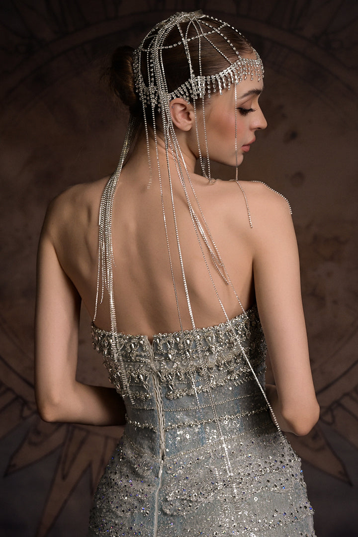 Embellished Scalloped-Tier Dress with Cape
