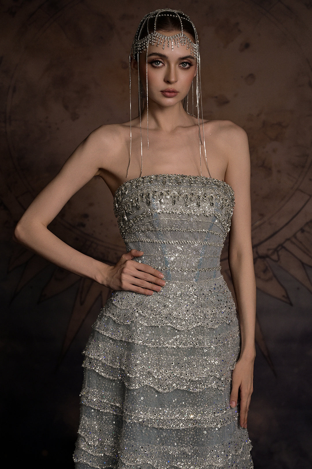 Embellished Scalloped-Tier Dress with Cape