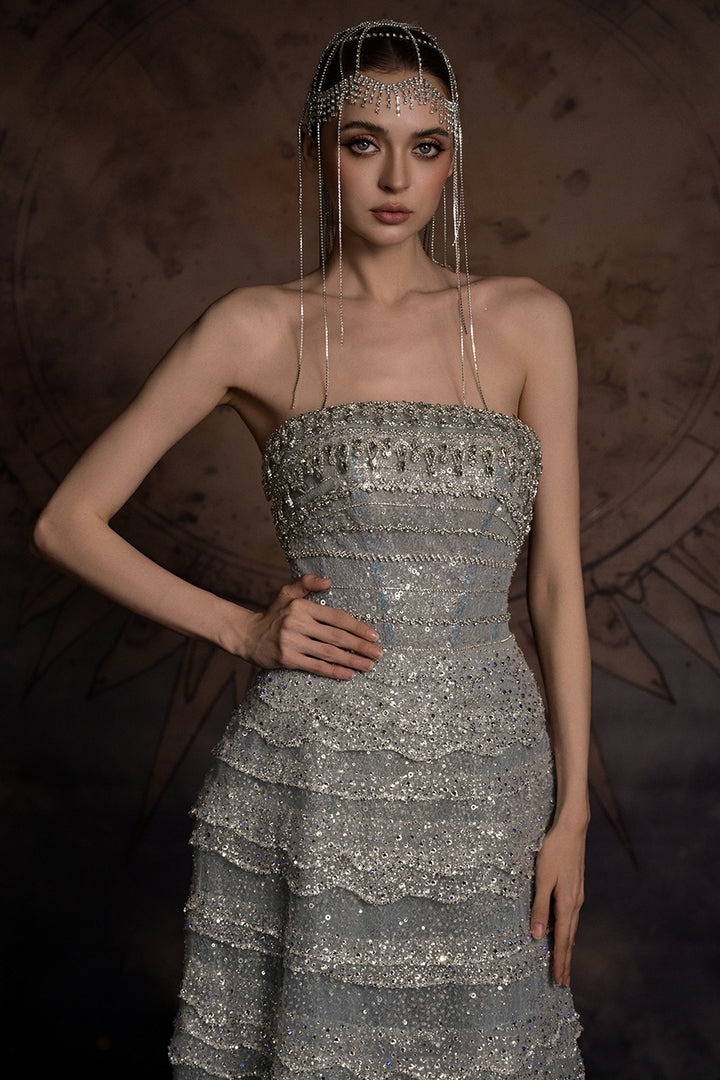 Embellished Scalloped-Tier Dress with Cape