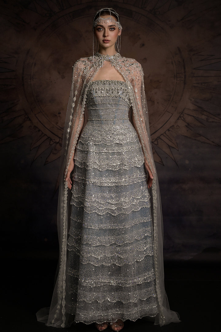 Embellished Scalloped-Tier Dress with Cape
