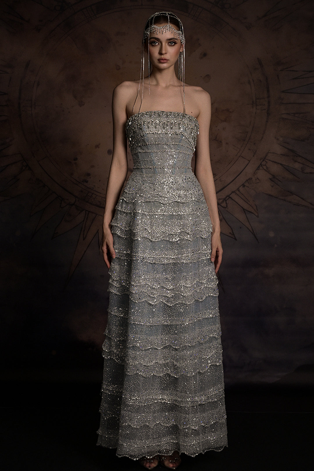 Embellished Scalloped-Tier Dress with Cape