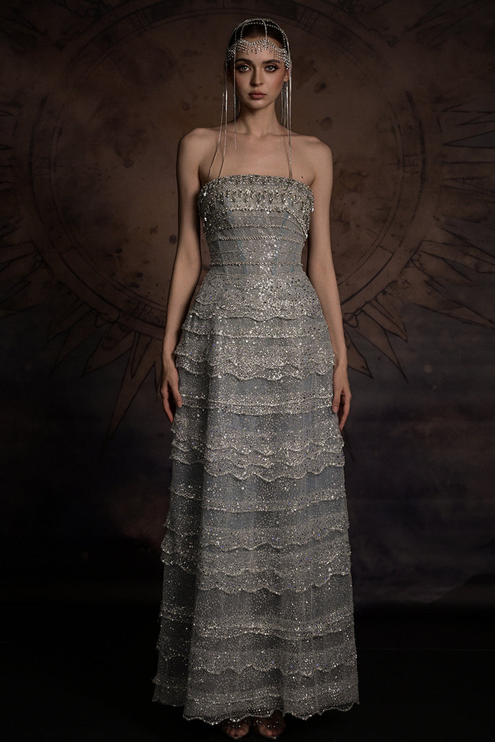 Embellished Scalloped-Tier Dress with Cape