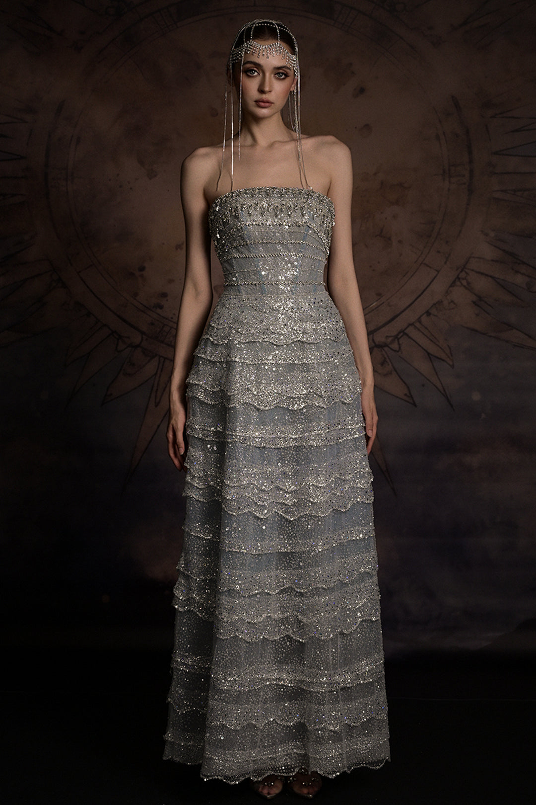 Embellished Scalloped-Tier Dress with Cape
