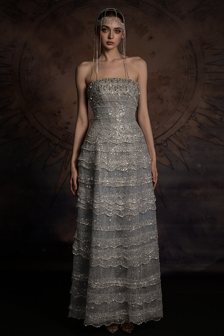 Embellished Scalloped-Tier Dress with Cape