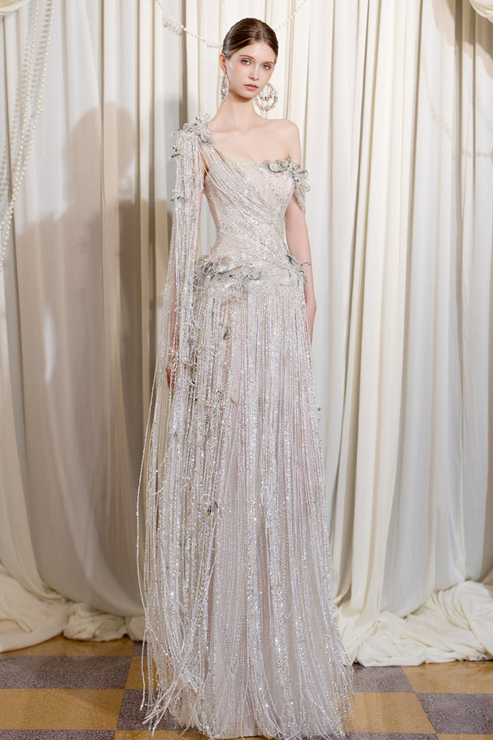 One Side Sleeve Fringe Column Dress