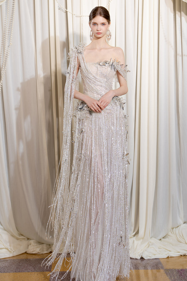 One Side Sleeve Fringe Column Dress