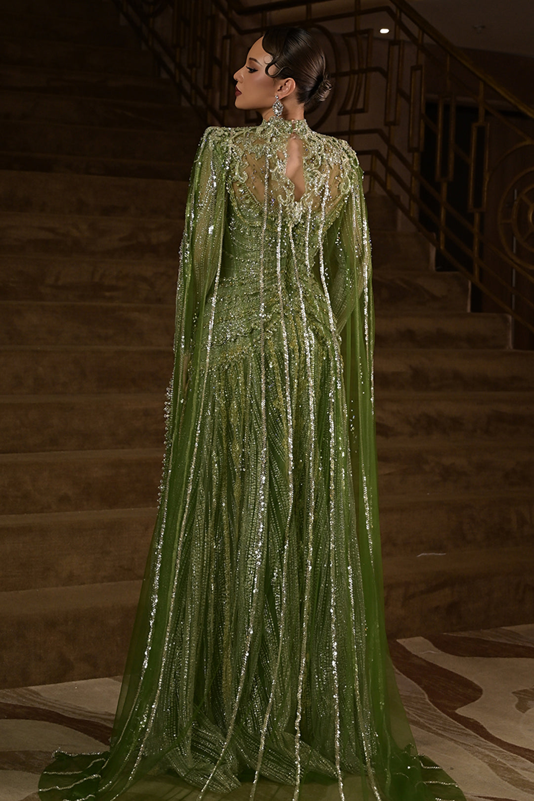 Long-Sleeve Beaded Dress with Sweeping Cape