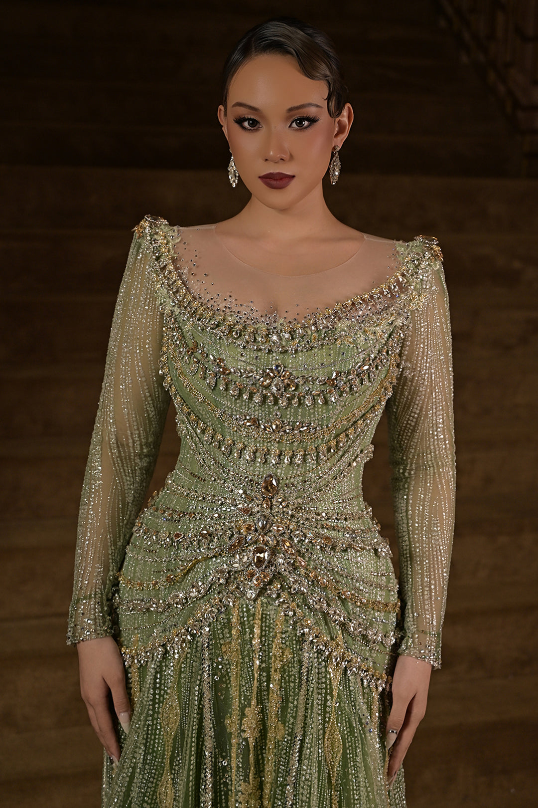 Long-Sleeve Beaded Dress with Sweeping Cape