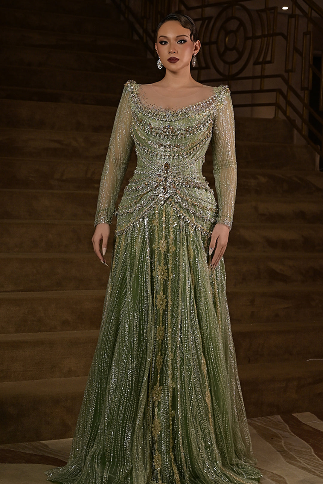 Long-Sleeve Beaded Dress with Sweeping Cape