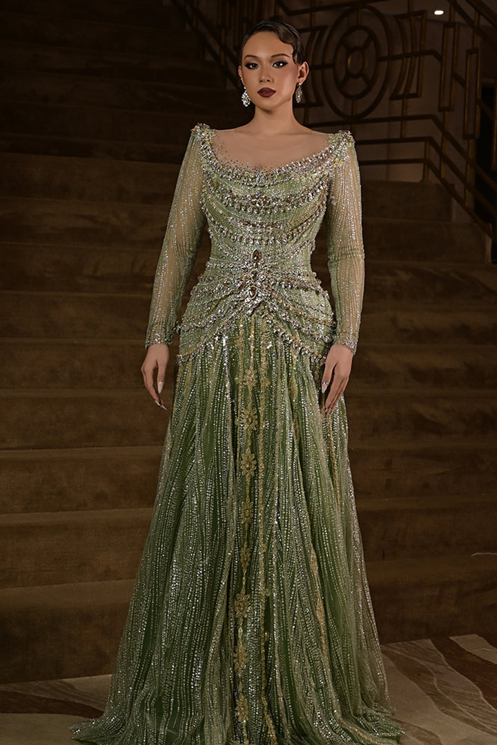 Long-Sleeve Beaded Dress with Sweeping Cape