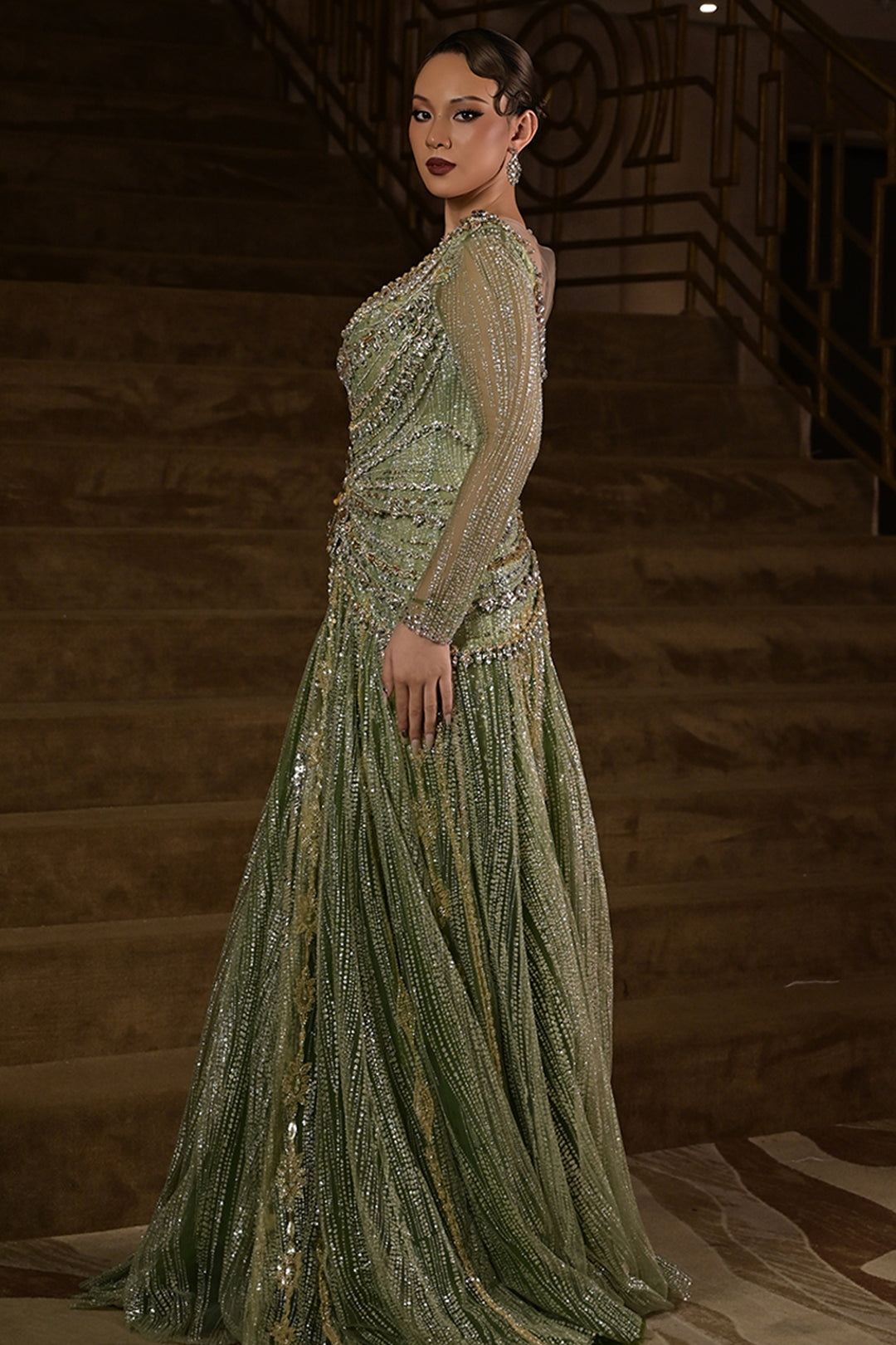 Long-Sleeve Beaded Dress with Sweeping Cape