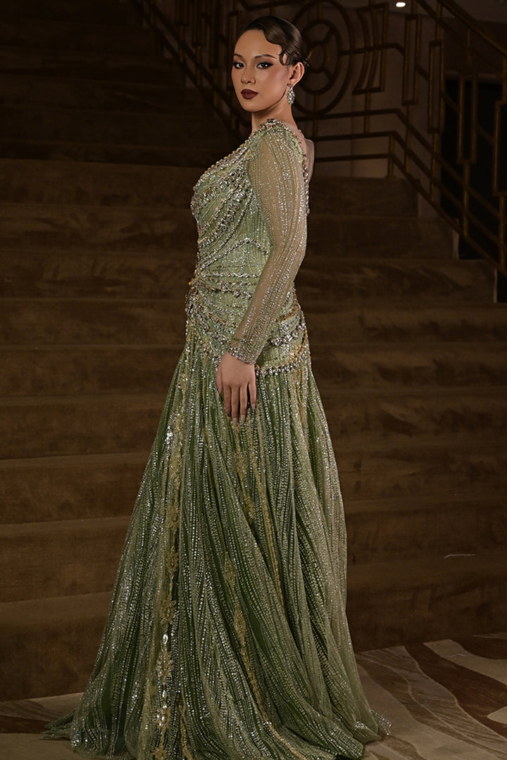 Long-Sleeve Beaded Dress with Sweeping Cape