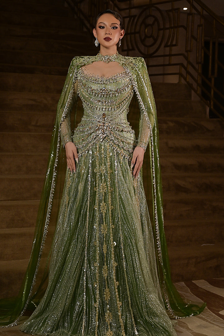 Long-Sleeve Beaded Dress with Sweeping Cape