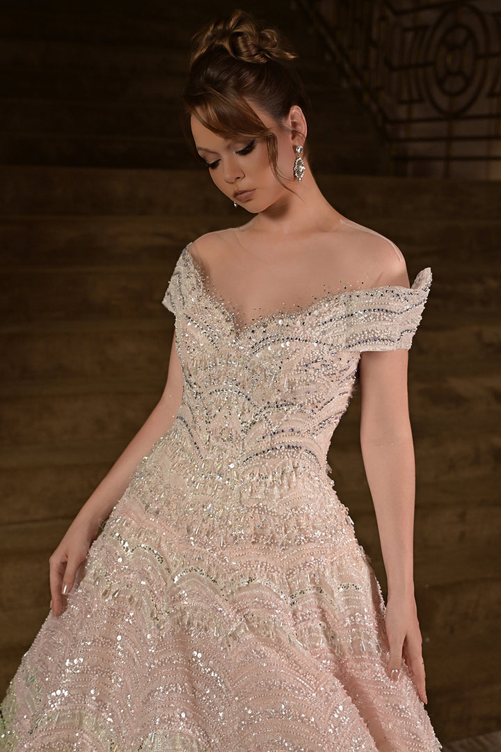 Off-The-Shoulder Scalloped with Sequin Dress