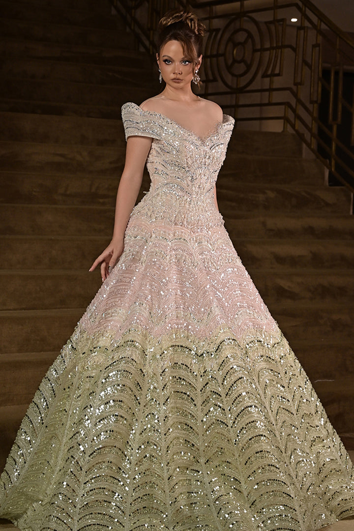 Off-The-Shoulder Scalloped with Sequin Dress