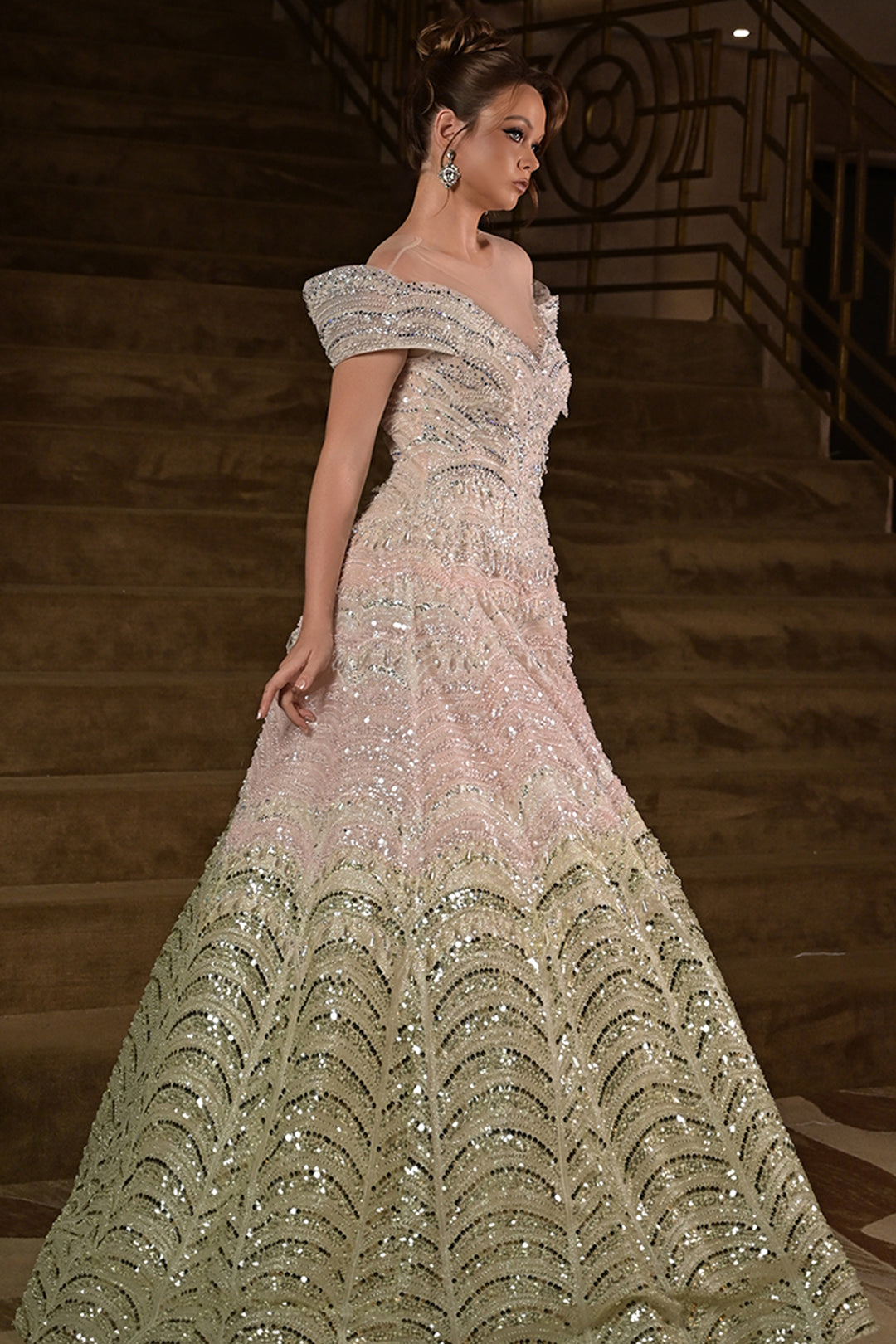 Off-The-Shoulder Scalloped with Sequin Dress