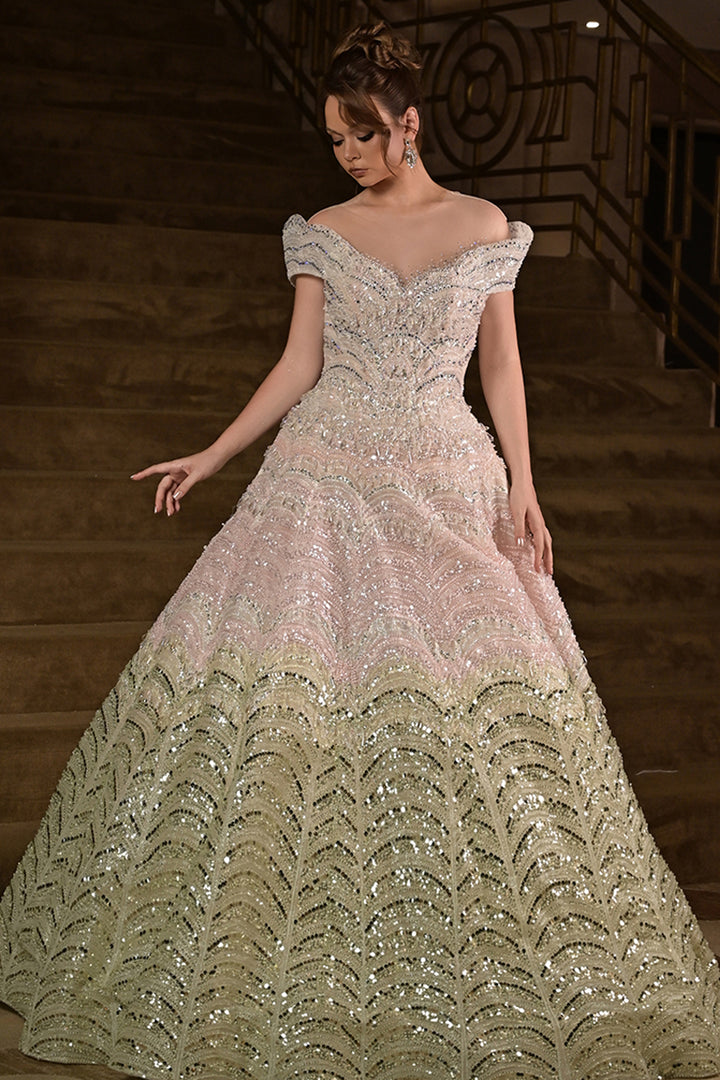 Off-The-Shoulder Scalloped with Sequin Dress