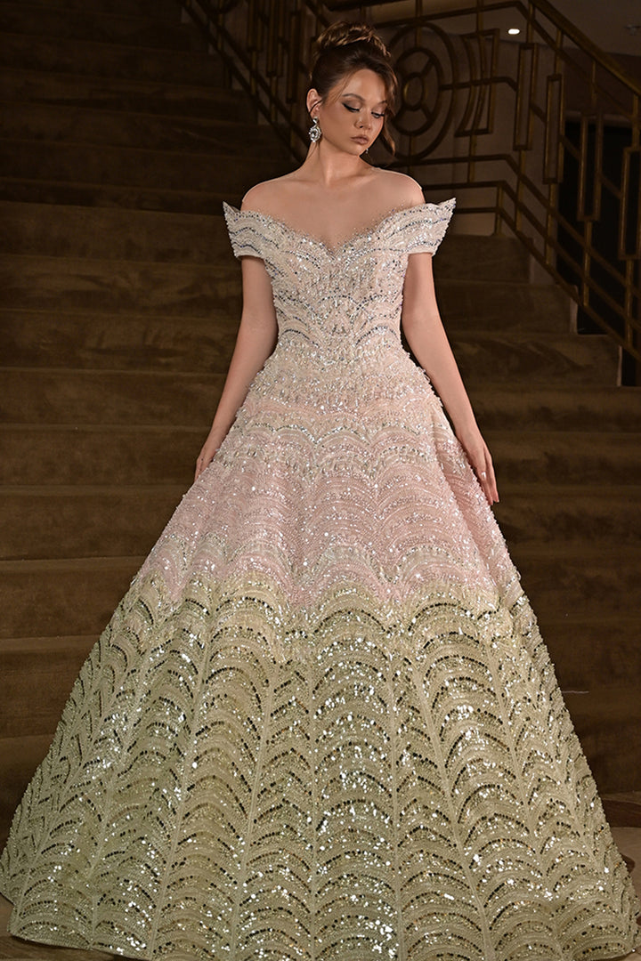 Off-The-Shoulder Scalloped with Sequin Dress