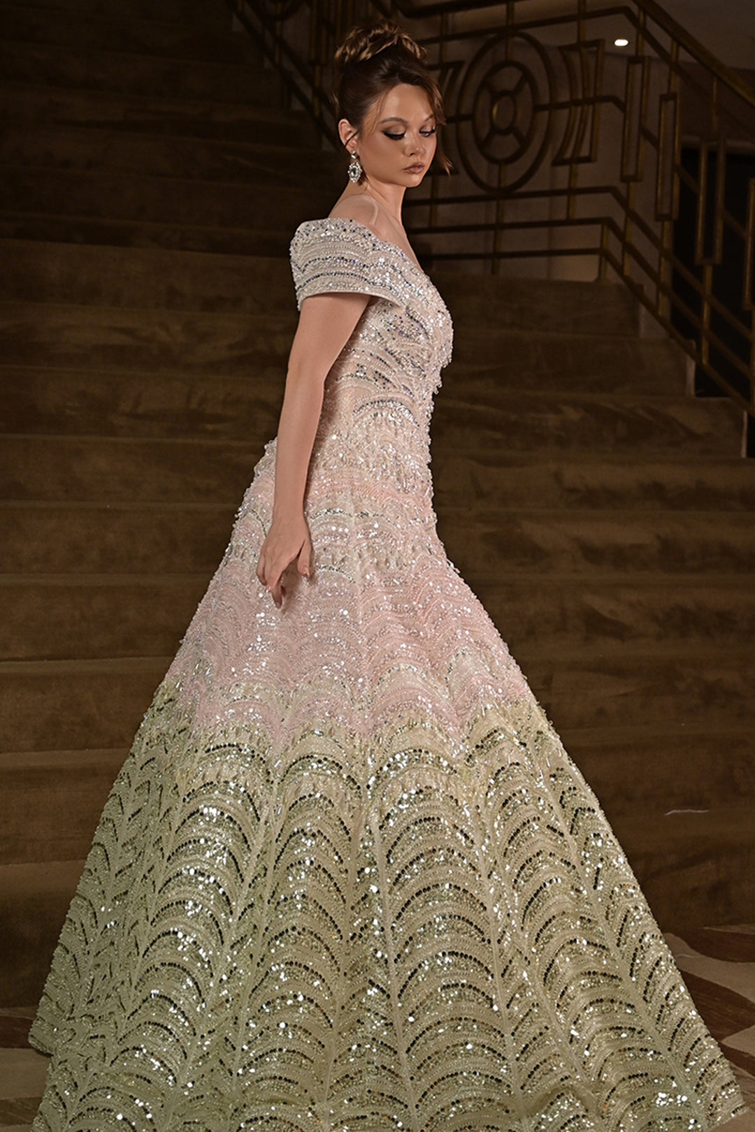 Off-The-Shoulder Scalloped with Sequin Dress