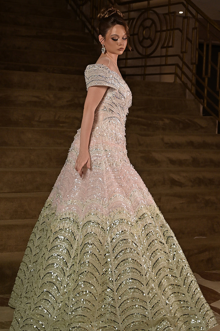 Off-The-Shoulder Scalloped with Sequin Dress