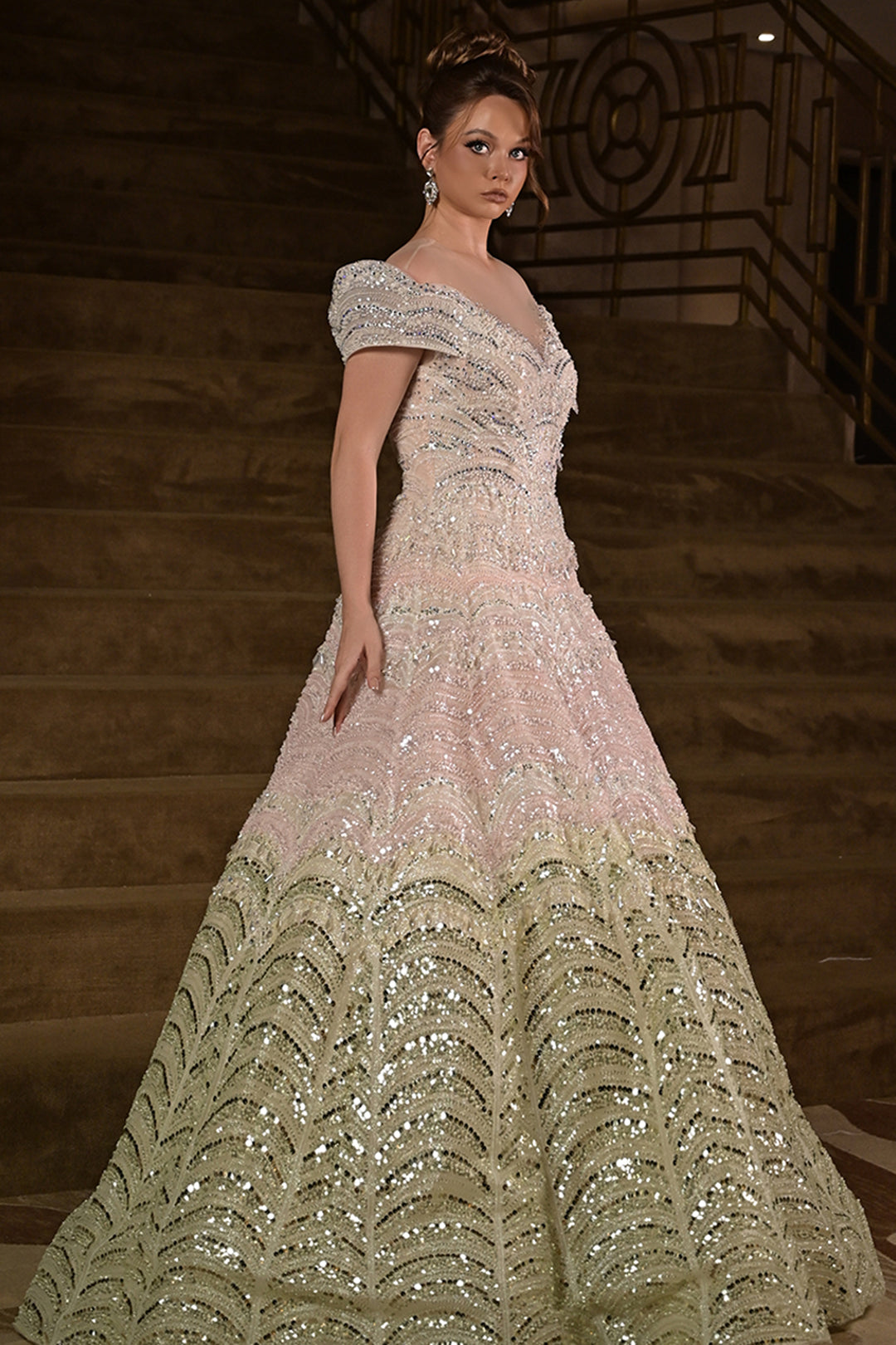 Off-The-Shoulder Scalloped with Sequin Dress