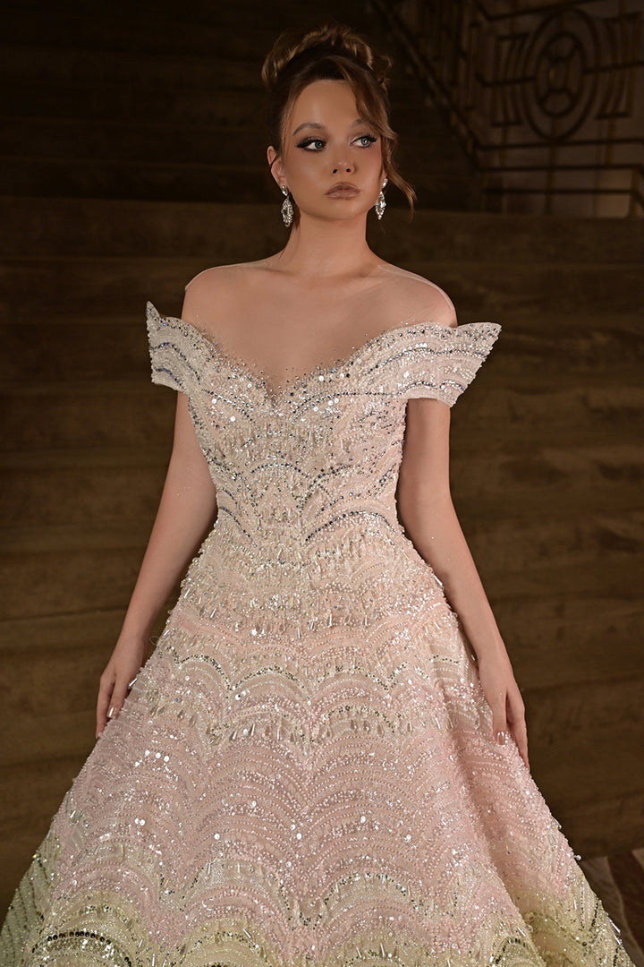 Off-The-Shoulder Scalloped with Sequin Dress