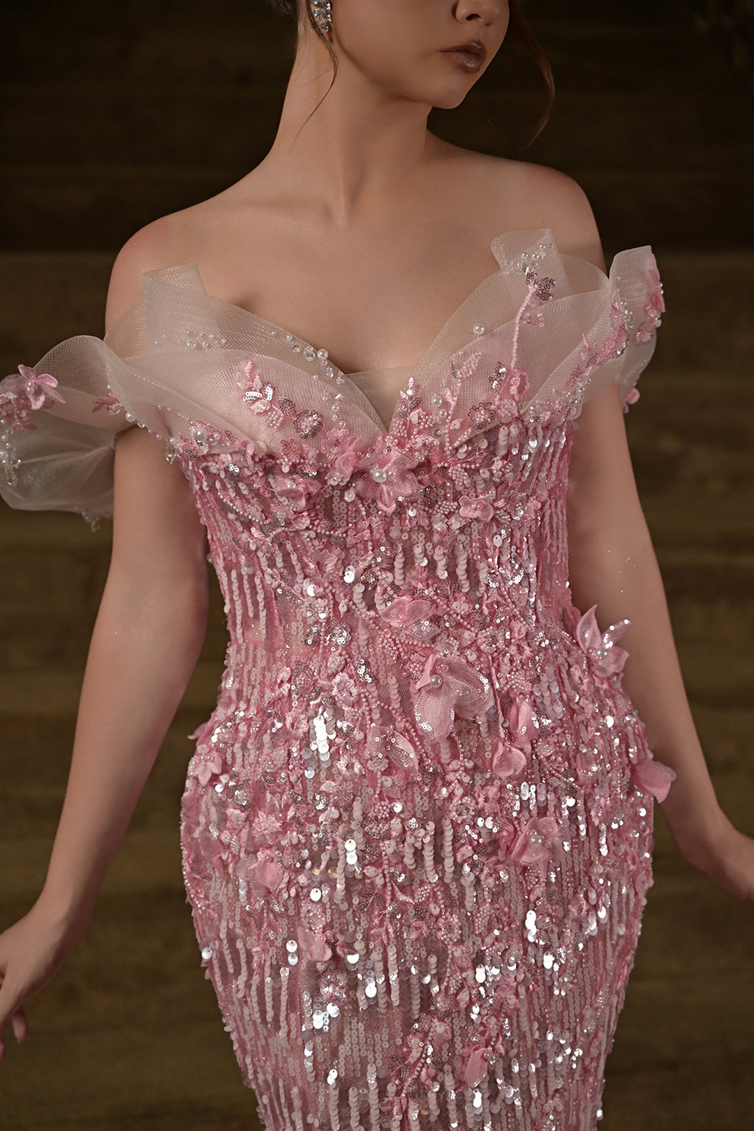 3D Floral Appliqué Sequin Dress with Off-The-Shoulder Neckline