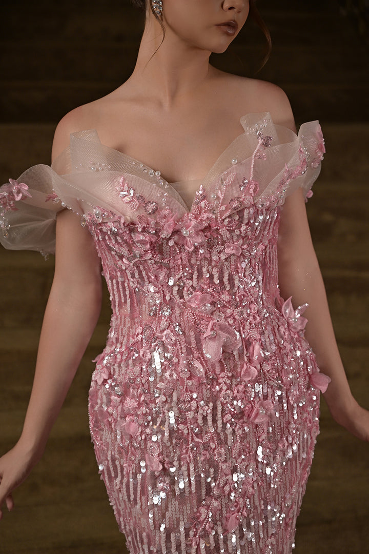 3D Floral Appliqué Sequin Dress with Off-The-Shoulder Neckline