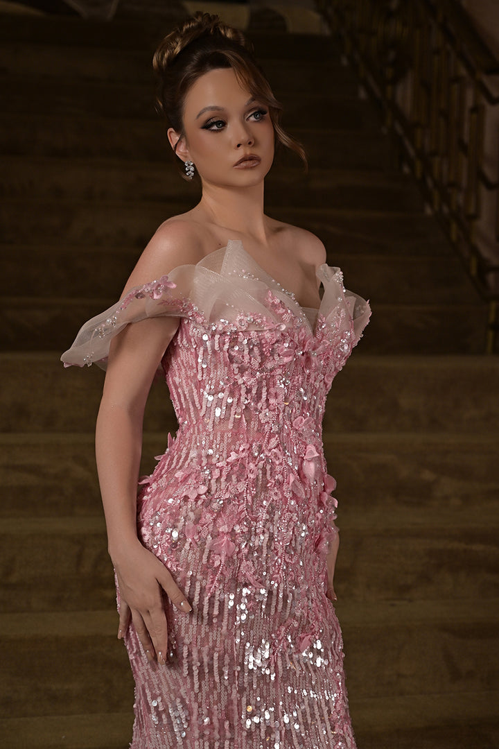3D Floral Appliqué Sequin Dress with Off-The-Shoulder Neckline