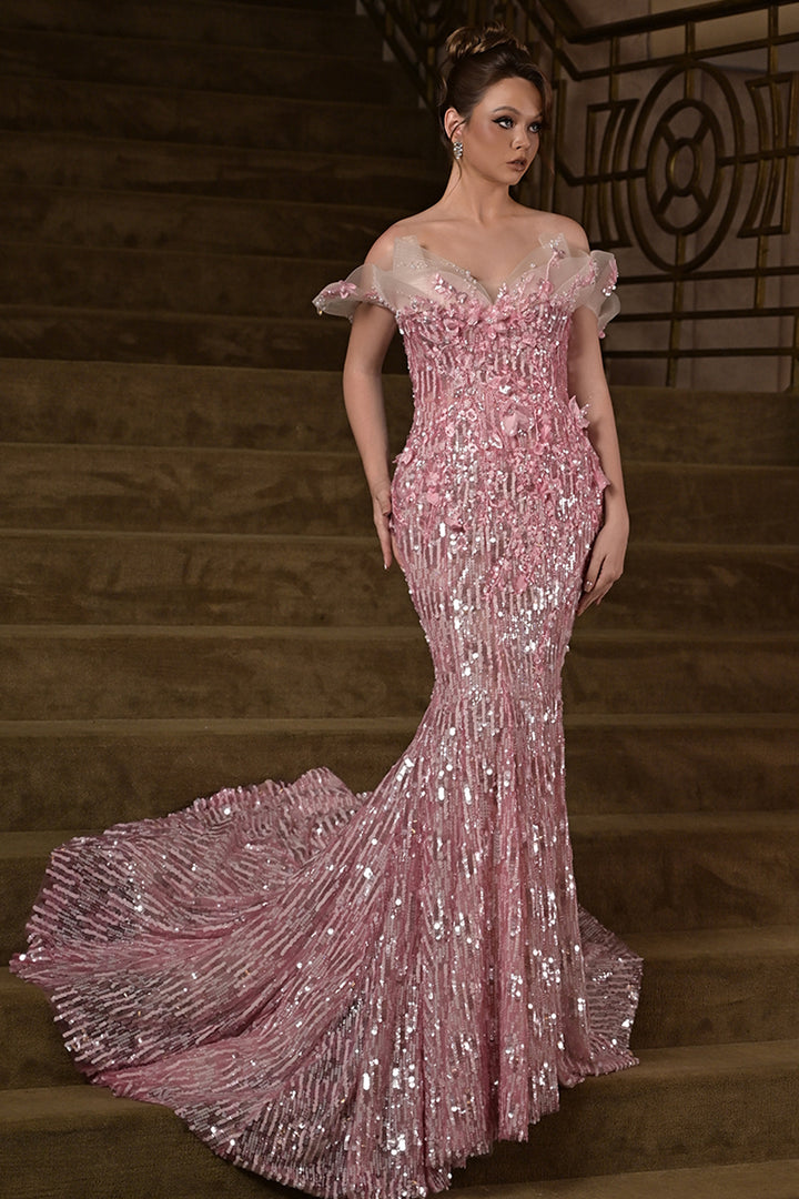 3D Floral Appliqué Sequin Dress with Off-The-Shoulder Neckline