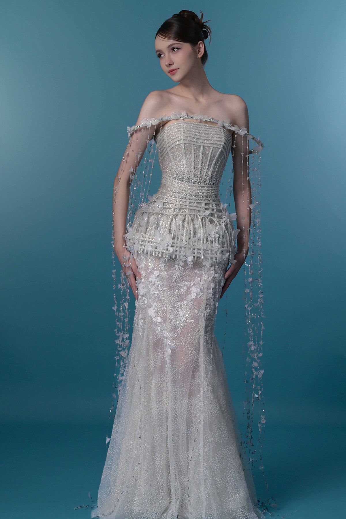 long beaded mermaid dress BLACK BEADED LASER CUT VEGAN LEATHER MERMAID GOWN