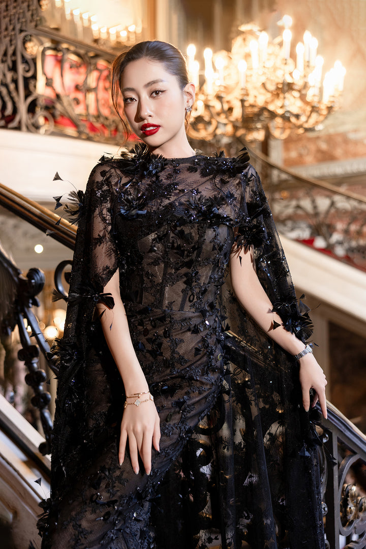 Embellished Sleeve Boat-Neckline Dress