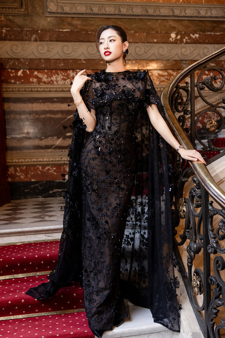 Embellished Sleeve Boat-Neckline Dress