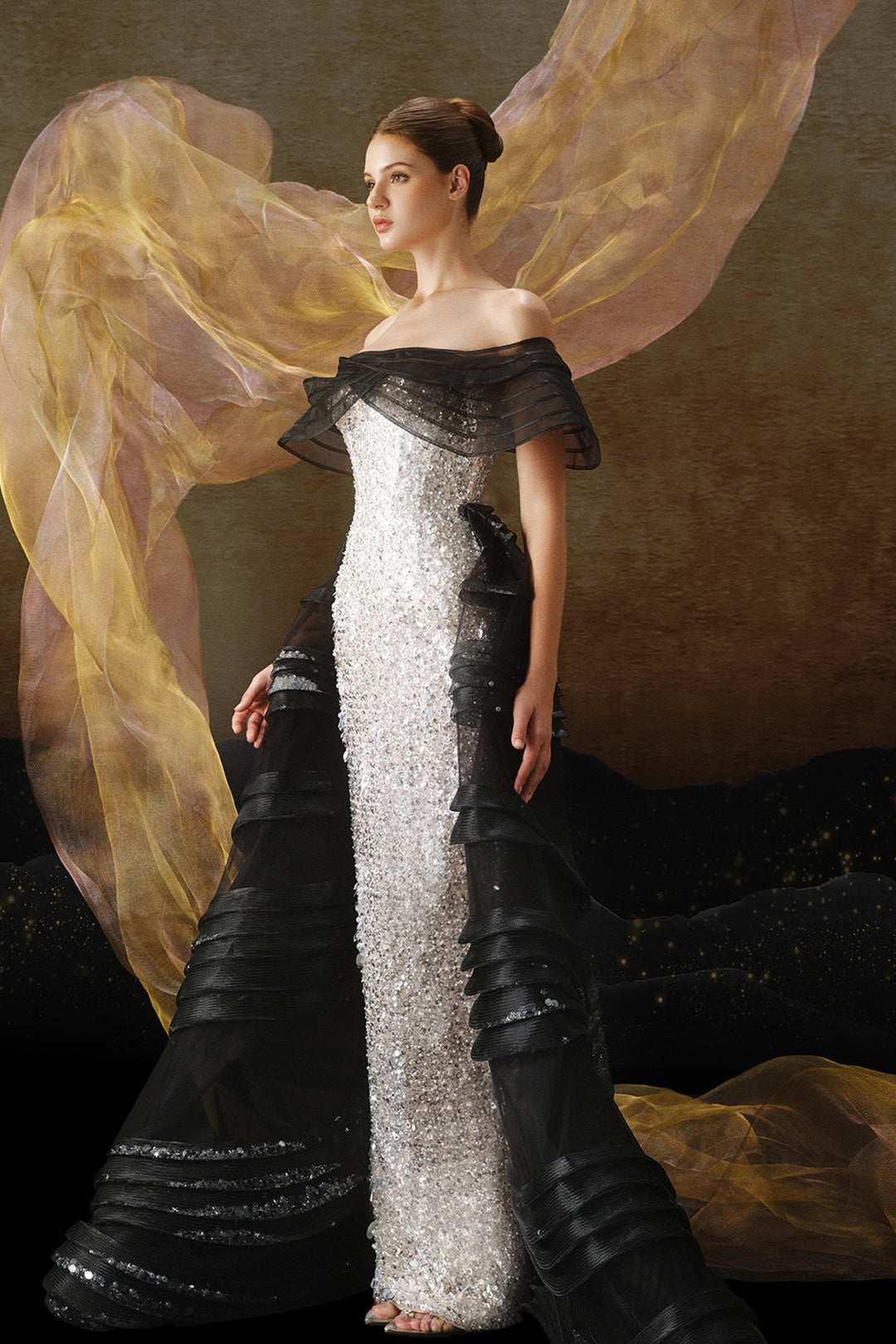 Off-The-Shoulder Beaded Dress with Layered Overskirt