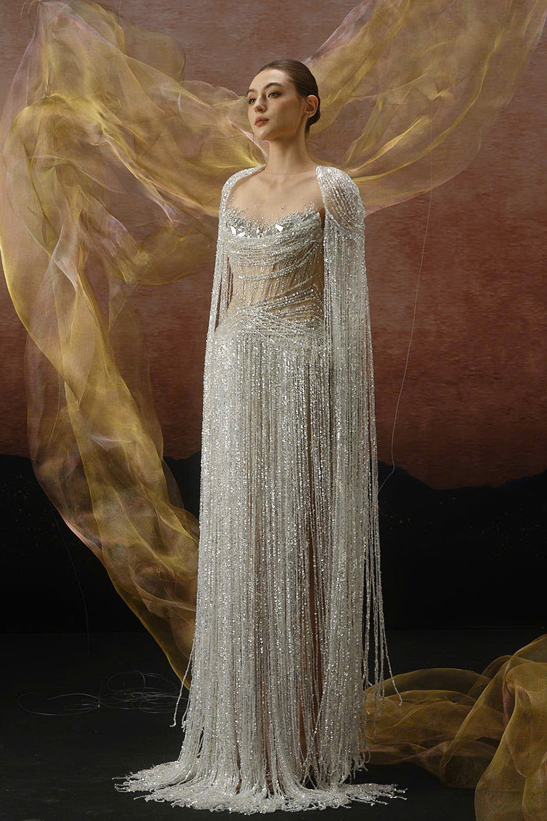 Curved Sweetheart A-line Dress with Fringe Silver / FR 48 Curved Sweetheart A-line Dress with Fringe Silver / FR 48