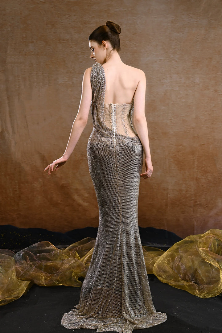 One-Shoulder Beaded Mermaid Dress