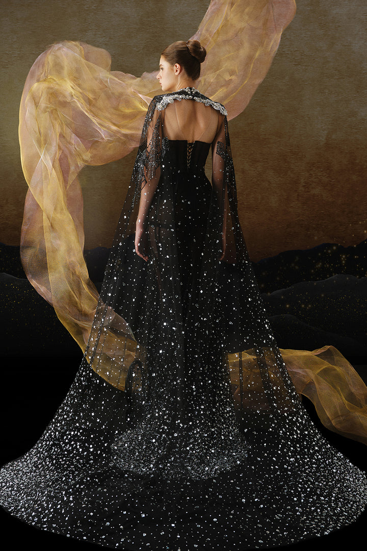 Cape-Beaded A-Line Dress