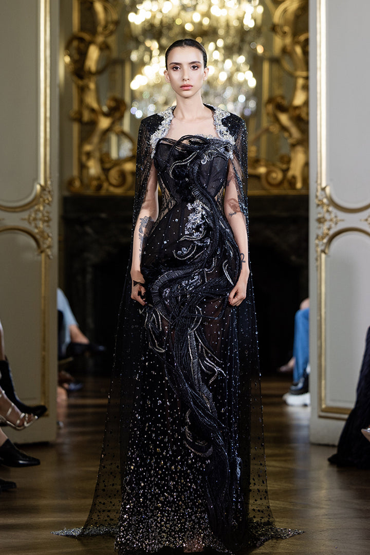 Cape-Beaded A-Line Dress